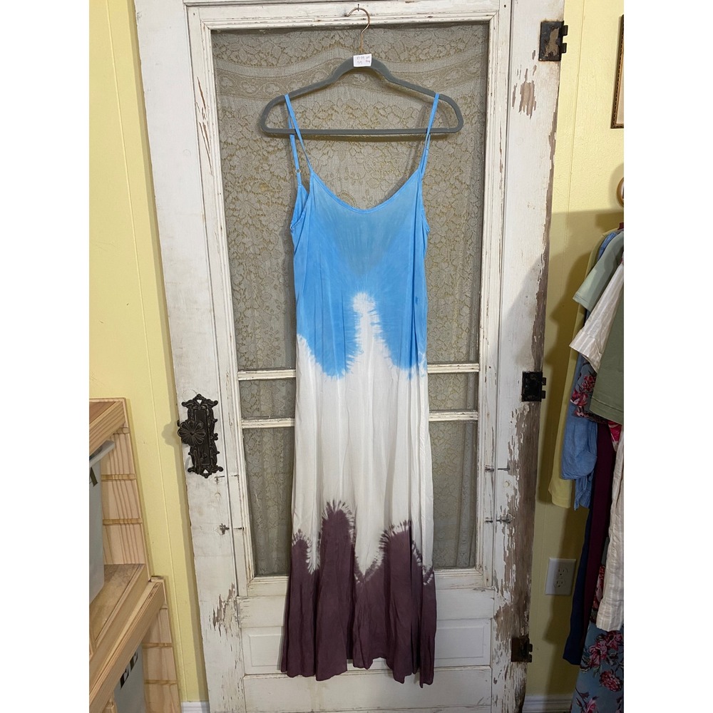 Blue Life Tie Dye Maxi Dress XS Blue White Purple Boho V-Back Rayon Made in USA